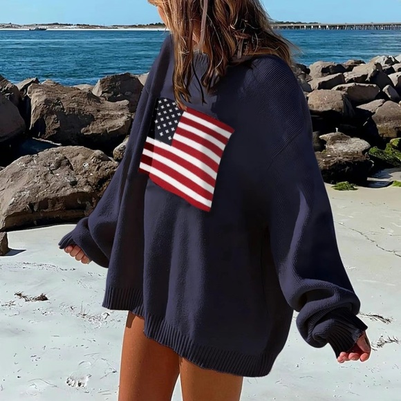 Navy Blue Women's Sweater with American Flag Design - Picture 1 of 5
